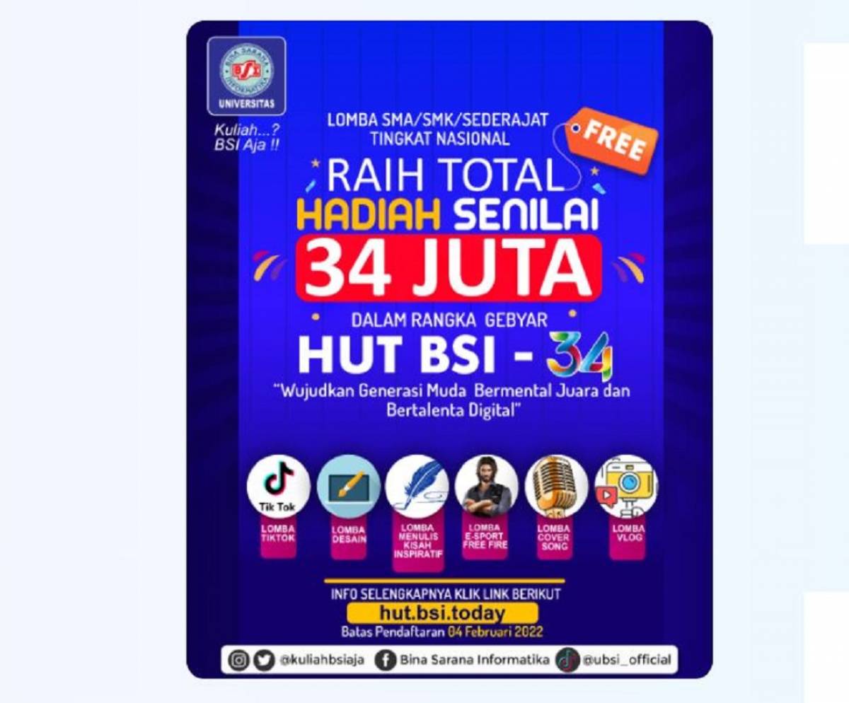HUT BSI Ke-34 Universitas BSI adakan lomba total hadiah 34 juta