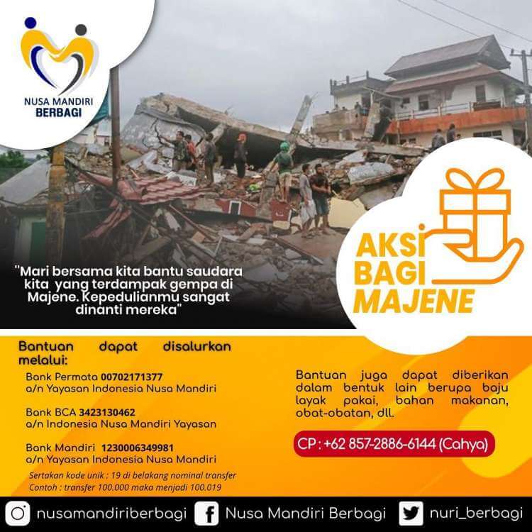 Nusa Mandiri Berbagi Bantu Ringankan Dampak Gempa Bumi di Sulawesi Barat