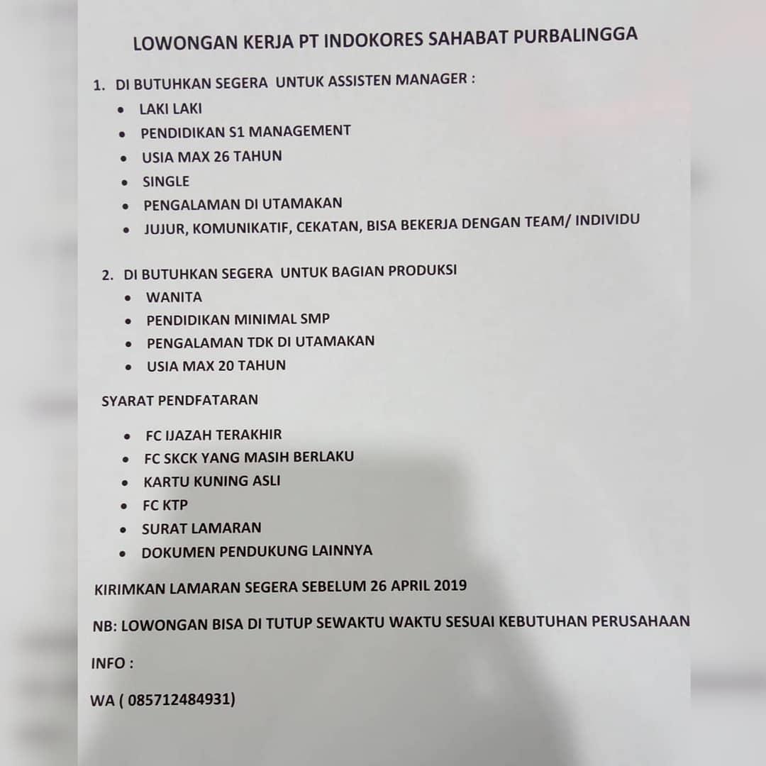 Lowongan Kerja Pt Indokores Sahabat April 2019